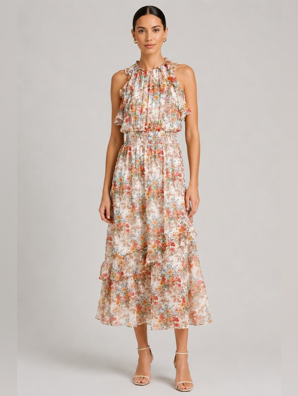Shoshanna NWT Helene Floral Ruffle Silk Metallic Maxi Dress